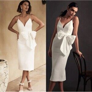 Rebecca Vallance Genevieve Size 6 Bow V Neck Midi Sheath Dress White